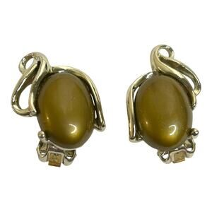 Vintage Olive Green Moon Glow Lucite Oval Silver Tone Clip On Earrings 1960s
